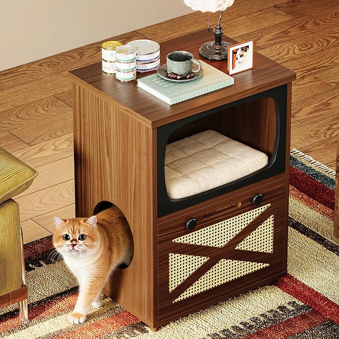 IRONCK 2-Tier TV Shaped Cat Litter Box Enclosure with Rattan Scratch Board | 2-in-1 litter cabinet. Fits standard litter boxes. 2-tier. Scratching board. Works as side table. Cat-friendly materials - Image 7