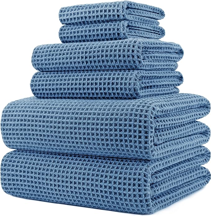 POLYTE 430 GSM Microfiber Quick Dry Lint Free Oversize Bath Towel Set, 6 Piece (Waffle Weave) by Polyte