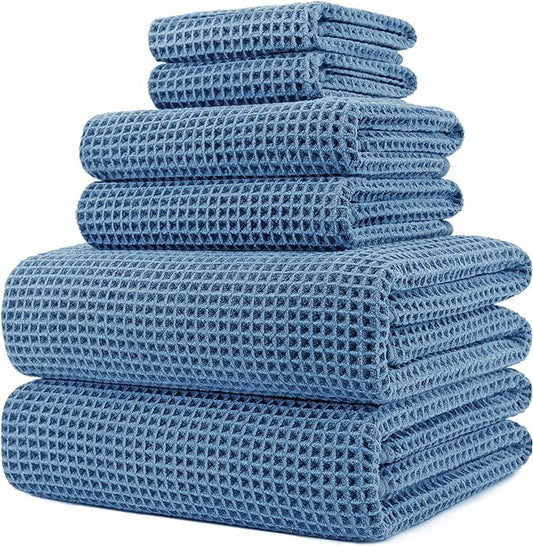 POLYTE 430 GSM Microfiber Quick Dry Lint Free Oversize Bath Towel Set, 6 Piece (Waffle Weave) by Polyte