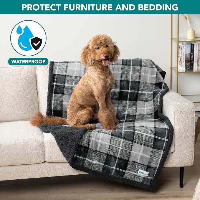 PetAmi Waterproof Dog Blanket for Couch, Extra Large 80x60, Pee Proof Sherpa Fleece Reversible Pet Throw, Furniture Protector for Bed Sofa Crate Kennel, Soft Washable Cover for Dogs Cats, Plaid Grey - Image 7