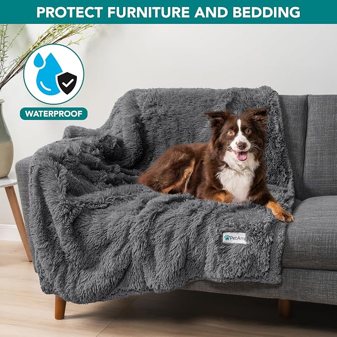 PetAmi Waterproof Dog Blanket for Couch, Bed & Furniture,Reversible Sherpa & Faux Fur Pet Blanket, Leakproof Pet Blanket for Large Dog Cat, Washable Soft Calming Sofa Protector Throw (60x80, Gray) - Image 2