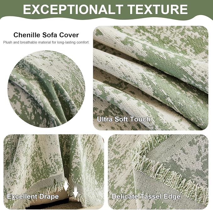 VClife Boho Couch Cover, Non Slip Soft Couch Covers for 3 Cushion Couch Sofa Pet Friendly, Irregular Vintage Green Off-White Scraped Texture Furniture Protector Sofa Slipcover for Dog, 71" X 134" - Image 3