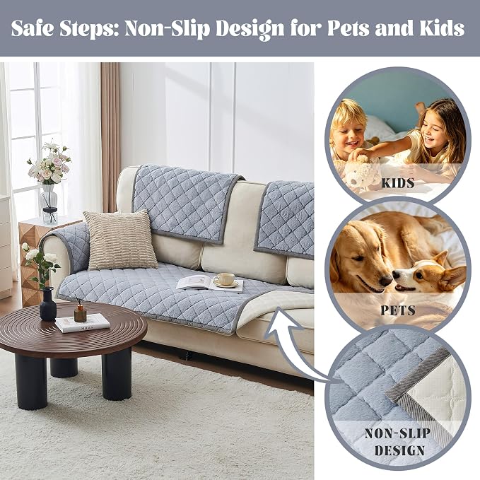 beeweed Couch Covers for Sofa, Couch Covers for Dogs Washable, Non Slip Plush Sofa Slipcovers, Couch Furniture Protector Pet Friendly, Diamond Pattern, Light Grey, 27.6” x 82.7” - Image 4