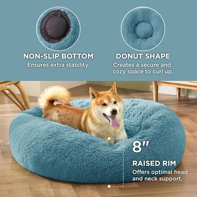 Bedsure Calming Dog Bed Medium Size Dog Donut Washable Pet Bed,30ins | Fluffy Faux Fur Round Cuddler,Machine Washable,Anti-Slip Bottom,Anti-Anxiety,Deep Sleeping for Pets Up to 45 Lbs,Washed Blue - Image 3