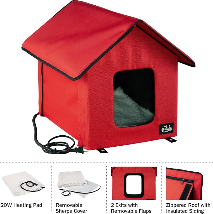 Heated Cat House - Double-Door Cat Bed with Zippered Roof, Pet Heating Pad, and Sherpa Cover - for Garage, Porch, Barn, or Basement by PETMAKER (Red) - Image 3