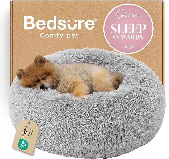 Bedsure Calming Small Dog Bed Donut Washable Cat＆Puppy Bed,23 inches | Fluffy Faux Fur Round Cuddler,Anti-Slip Bottom,Anti-Anxiety,Deep Sleeping for Large Cat & Pets Up to 25 Lbs,Pale Grey by Unknown