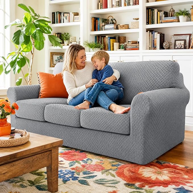YEMYHOM Latest Checkered 4 Pieces Couch Covers for 3 Cushion Couch High Stretch Thickened Sofa Cover for Dogs Pets Elastic Slipcovers Living Room Furniture Protector (Light Gray), 71"-91"(3 Cushions) - Image 2