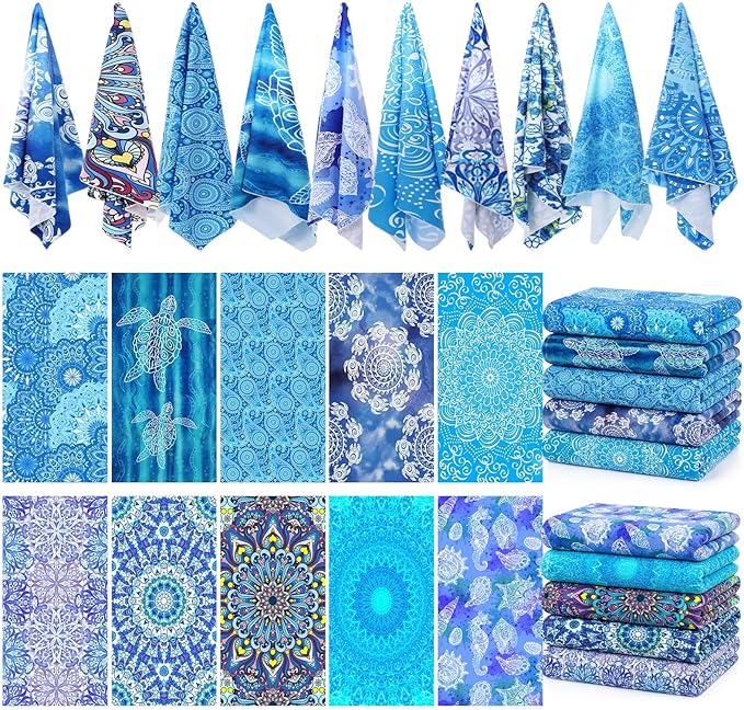 EBOOT 10 Pack Oversized Beach Towel Set Extra Large Pool Towels Microfiber Quick Dry Swim Blanket for Adult Women Men Face Hand Body Bath Travel Pool(Ocean Blue,36 x 72 Inch,Boho Ocean Style) by eBoot