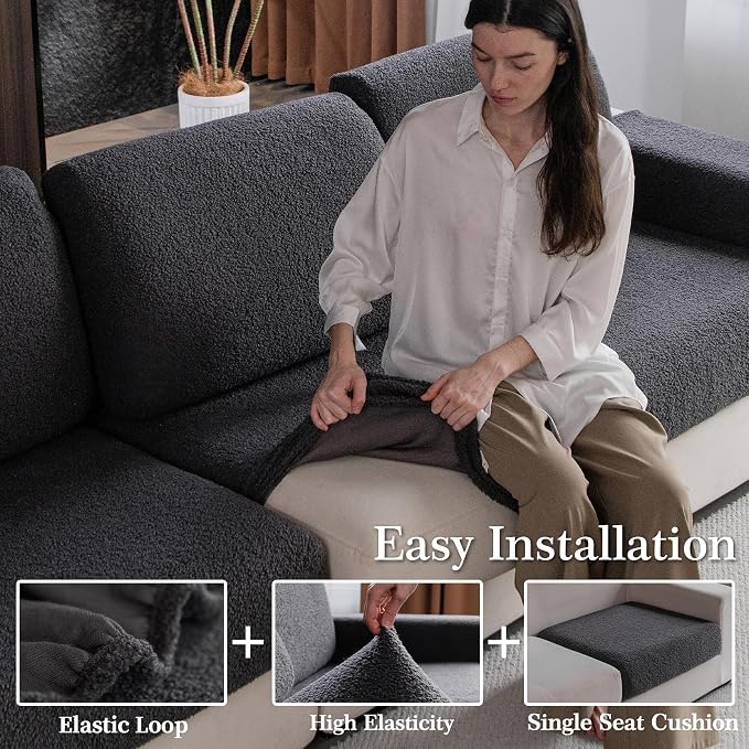 OHSIO Couch Cushion Covers for Sectional Sofa, Stretch Soft Sofa Slipcovers Washable Wear-Resistant Universal Furniture Protector for Living Room(1 Piece Chaise Cover, Dark Gray) - Image 4