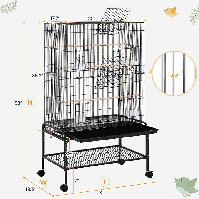 Yaheetech 53'' Large Bird Cage Budgie Cage for Parakeets Cockatiels Conures Lovebirds Parrots with Rolling Stand - Image 3