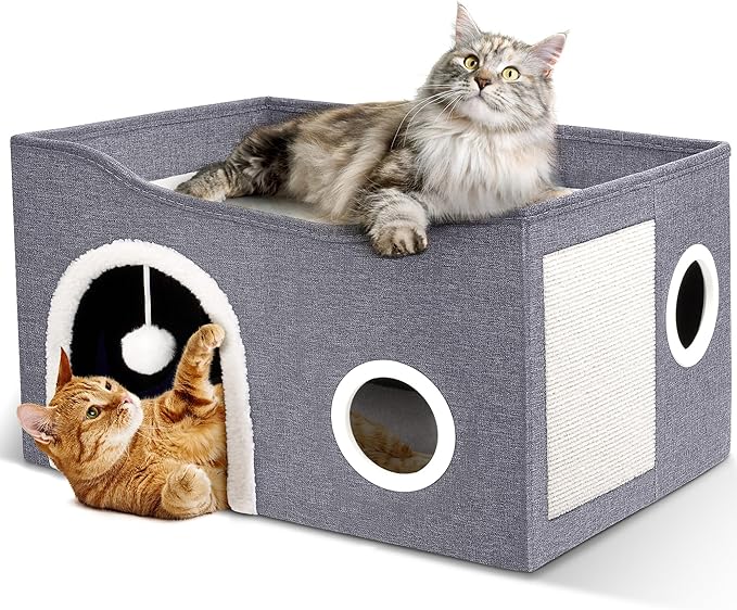 Heeyoo Cat House for Indoor Cats - Large Cat Bed Cave with Fluffy Ball and Scratch Pad, Foldable Cats Houses & Condos, Cat Hideaway, Covered Kitty Bed for Multi Small Large Kitty, 23.8x15.9x13.2 Inch by Heeyoo