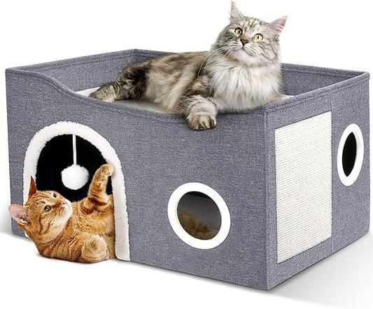 Heeyoo Cat House for Indoor Cats - Large Cat Bed Cave with Fluffy Ball and Scratch Pad, Foldable Cats Houses & Condos, Cat Hideaway, Covered Kitty Bed for Multi Small Large Kitty, 23.8x15.9x13.2 Inch by Heeyoo