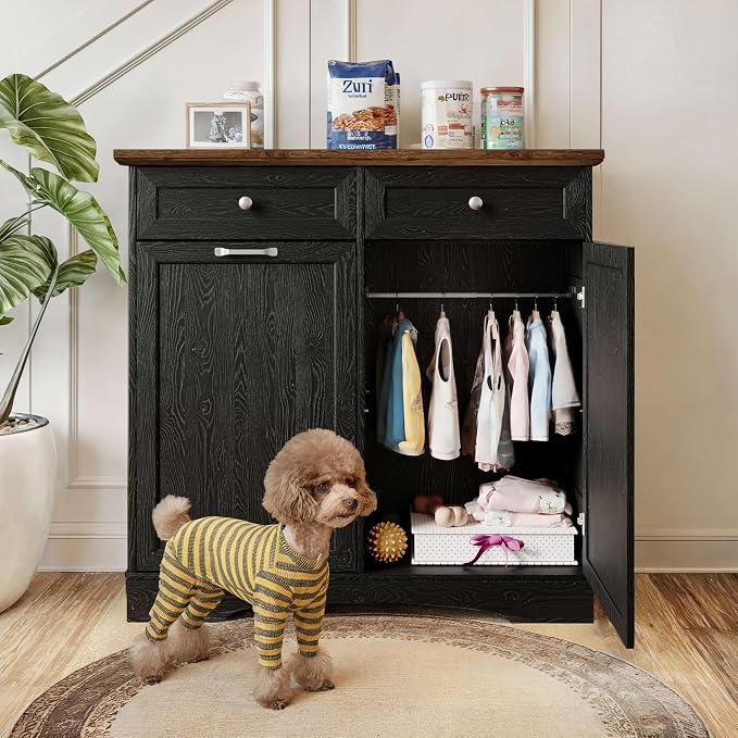 FIMELLO 39.7’’W Dual Doors Dog Food Storage Cabinet, Tilt-Out Dog Feeding Station with 4 Feeding Bowls, Pet Feeder Cabinet, Black Grain - Image 7