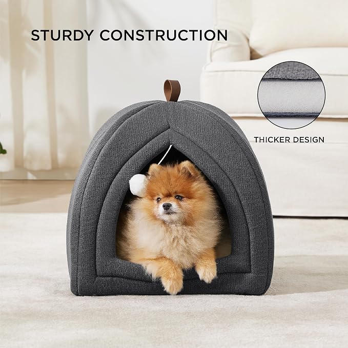 Bedsure 2in1 Cat Beds for Indoor Cats Cave for Kitten with Washable Pillow | 17.3in, Cat House Enclosed, Covered Cat Tent, Foldable Hideaway, Fluffy Ball, Anti Slip Bottom,Removable Cushioned ,Dark Grey - Image 3