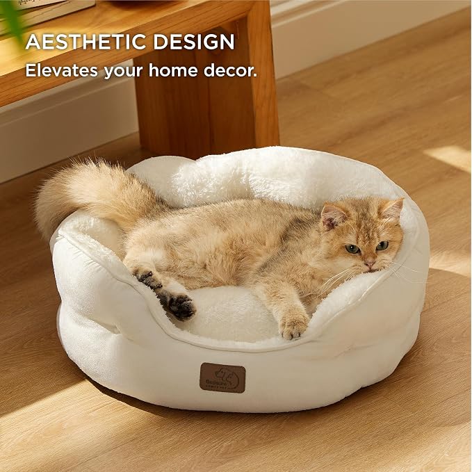 Bedsure Small Dog Bed Washable,Round Cat Beds for Indoor Cats,20in Ivory | Soft Plush Pet Bed,Dog Beds for Small Dogs for Puppy and Kittens,Anti-Slip Bottom,Easy to Clean - Image 6