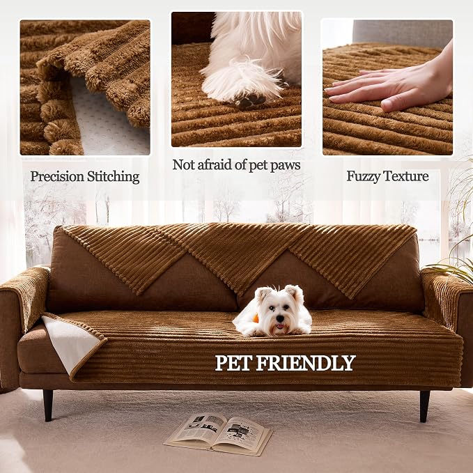 Dual Non-Slip Couch Cover for Dogs Waterproof, Fuzzy Soft Pet Couch Covers for Sofa 3 Cushion, Pet Friendly Soft Dog Bed Covers Sofa Cover Washable (Coconut, 33" x 75" 1 Pack) - Image 4