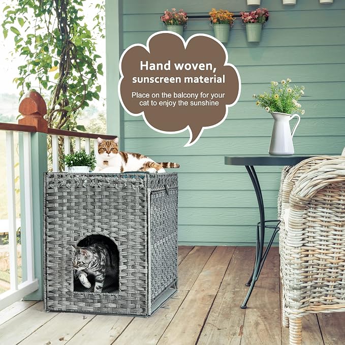Cat Litter Box Enclosure with Door, Hidden Cat Washroom Furniture | Handwoven PP Wicker; Soft Litter Mat Included; Spacious Interior; Furniture-Style Design; Indoor Home Décor - Image 2