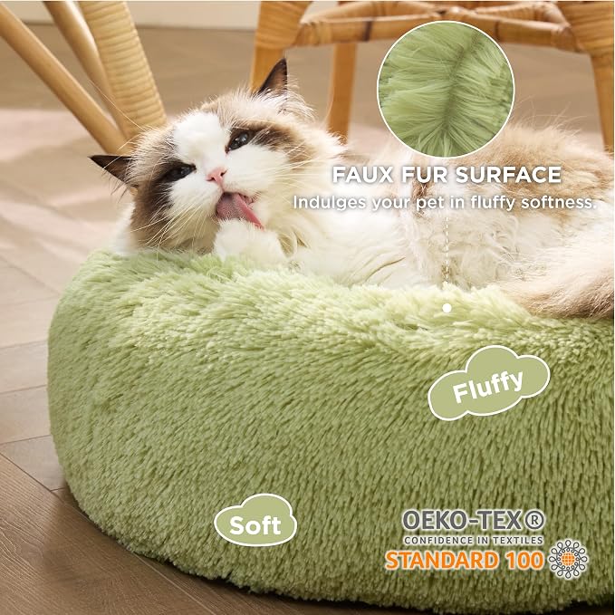 Bedsure Calming Cat Beds Donut Round Washable Kitten Bed,20 inches Green | Fluffy Faux Fur Cuddler,Anti-Slip Bottom,Anti-Anxiety,Deep Sleeping for Cats&Small Pets Up to 15 Lbs - Image 2