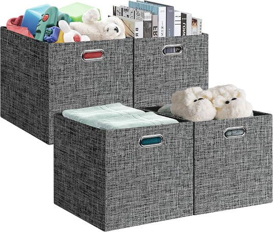 Posprica 13x15x13in Collapsible Storage Bins, Fabric Foldable Cube Storage Boxes, Decorative Storage Baskets Organizer for IKEA Kallax, Shelves, Closet, Clothes, Set of 4-Black by Posprica