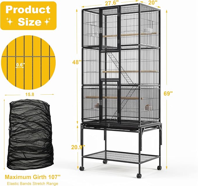 69-Inch Large Bird Cage with Dust Cover,Extra Large Bird Cages for Parakeet | Birdcages for Cockatiels Quaker Conure Lovebird Finch Canary Small Medium Parrot with Rolling Wheels,Black - Image 2