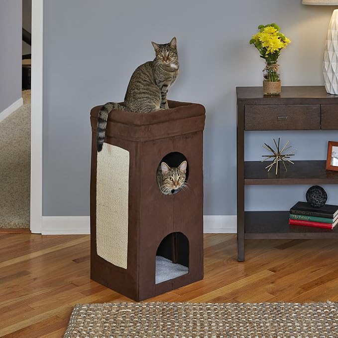 MidWest Homes for Pets Feline Nuvo Curious Cat Condo, Tri-Level Cat Tree, Faux Brown Suede with Hideaways, Bed Top & Sisal Scratch Panel, for Multiple Cats - Image 2