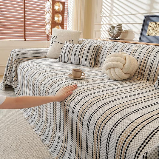ROOMLIFE Thicked Striped Boho Khaki Couch Cover for 2-3 Cushion Sofa, Chenille Sofa Slipcovers Sectional Sofas Covers for Dog, Non Slip Washable Furniture Protector Soft with Tassel 71''X134'' by ROOMLIFE
