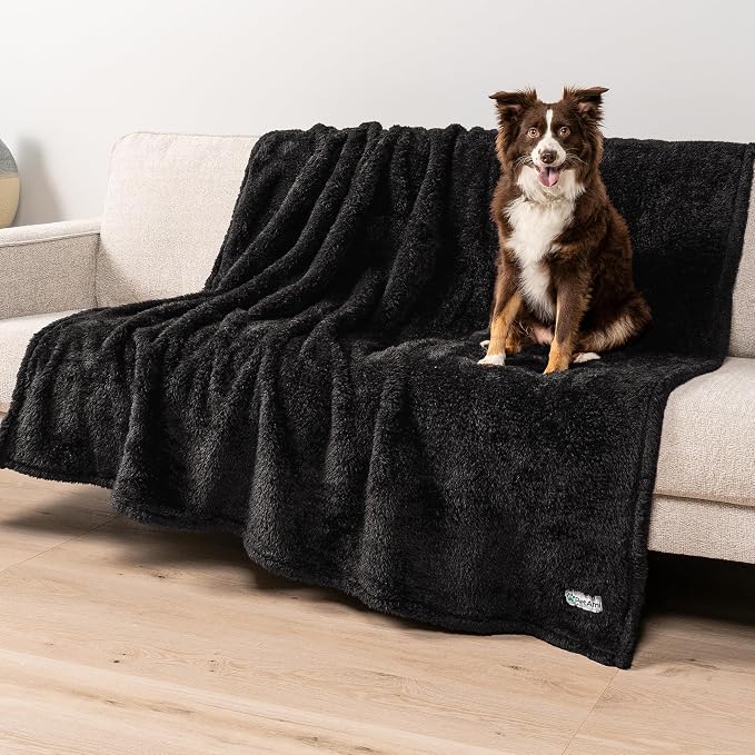 PetAmi Fluffy Waterproof Dog Blanket for Couch and Bed, Reversible Sherpa Pet Throw, Pee Proof Furniture Protector Sofa Cover, Washable Cat Blanket for Medium Large Dogs and Cats (Black, 60x80) by PetAmi