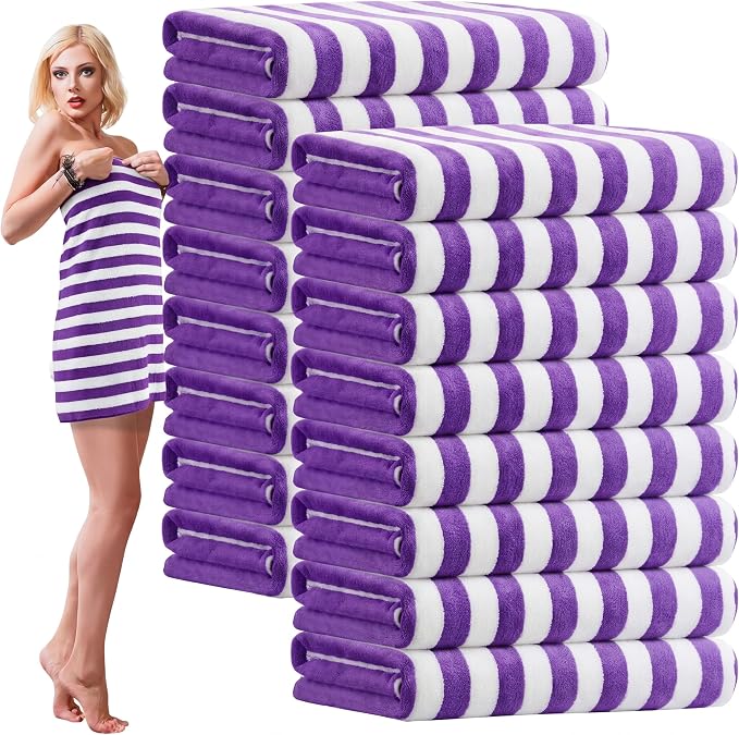 SmoothNovelty 16 Pack Microfiber Bath Towels Bulk 27'' x 60'' Oversized Size Bath Towel Highly Absorbent Extra Large Soft Drying for Beach Shower Summer Salon Sport Gym Party (Purple,Wide Stripes) by SmoothNovelty