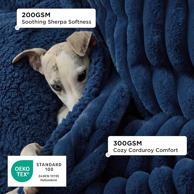 Bedsure ComfyFleece™ Waterproof Dog Blankets for Medium Dogs 30"x40" | Soft Plush Puppy Cat Blanket, Washable Corduroy Fleece,Cozy Calming Reversible Furniture Protector Indoor for Pet, Navy Blue - Image 2