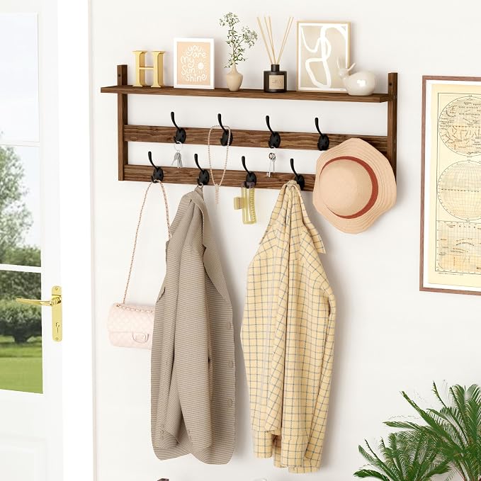 AMBIRD Coat Rack Wall Mount with Shelf, 29" Coat Hooks Wall Mounted with 9 Metal Hooks for Entryway, Bathroom, Bedroom, Living Room, Kitchen, 2 Tier Wall Hooks for Clothes, Hat, Towel, Key, Purse - Image 4