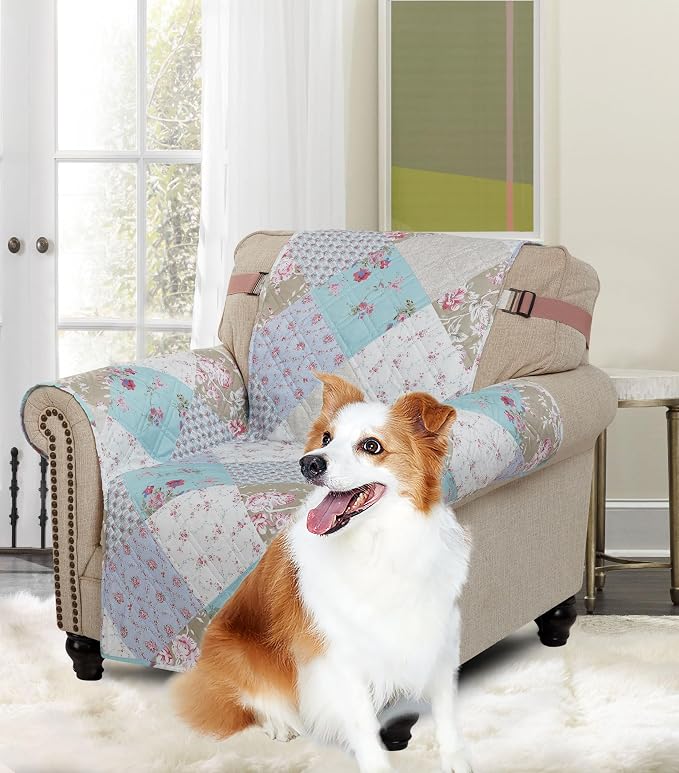 Brilliant Sunshine Blue & Green Roses Couch Armchair Cover, 23" seat | Patchwork Design, Non Slip Sofa Cover, Quilted Furniture Protector, Washable Chair Slipcover for Pets, Dogs & Cats by BrilliantSunshine