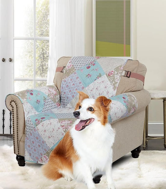 Brilliant Sunshine Blue & Green Roses Couch Armchair Cover, 23" seat | Patchwork Design, Non Slip Sofa Cover, Quilted Furniture Protector, Washable Chair Slipcover for Pets, Dogs & Cats by BrilliantSunshine