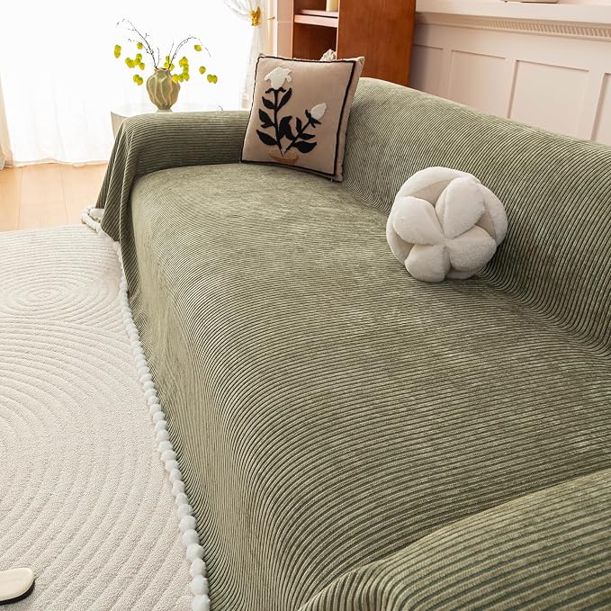 VClife Boho Couch Cover, Thickened Furniture Protector, Green, 71"X134" | Heavy-duty Pet Resistant Thick Chenille Fabric, Modern Striped Pattern, Fluffy Pom-pom Trim, Kids & Pets Household Friendly - Image 4