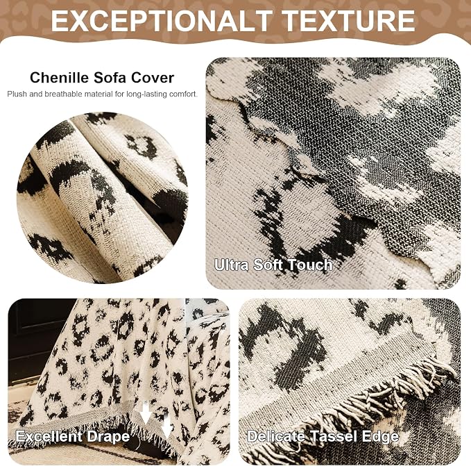 VClife Vintage Leopard Couch Cover, Cute Loveseat Cover for Sofa, Aesthetic Cheetah Pattern Couch Cover for 2 Cushion Couch Sofa, Washable Pet Furniture Protector with Tassel, Black, 71''x118'' - Image 5