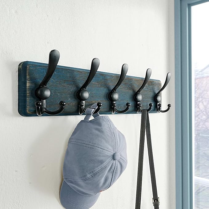 Dseap Coat Rack Wall Mount - Heavy-Duty Robust Barnwood-Style Wooden Wall Coat Hanger Hook Rail with 5 Triple Hooks for Winter Coats Hat Jacket Clothing, Weathered Blue & Black - Image 7