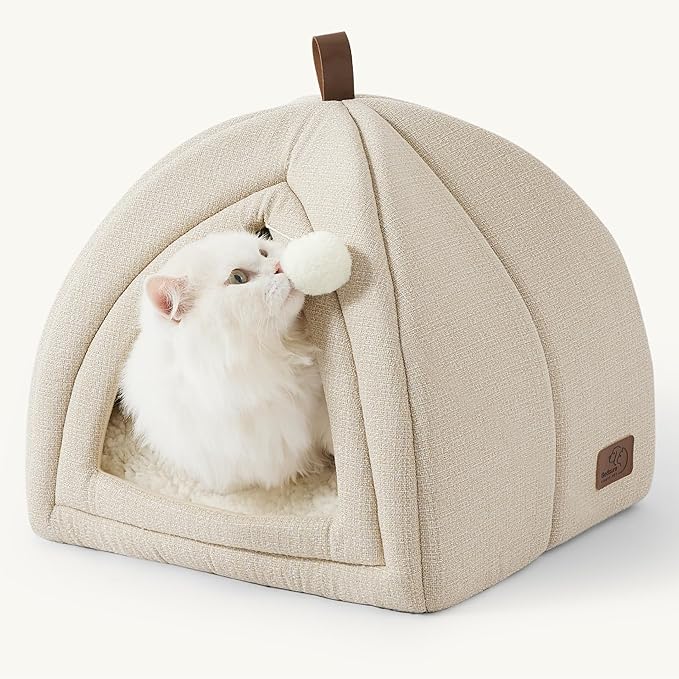 Bedsure 2in1 Cat Beds for Indoor Cats Cave for Kitten with Washable Pillow | 16in, Cat House for Small Pet, Covered Cat Tent, Foldable Hideaway, Fluffy Ball, Anti Slip Bottom, Removable Cushioned ,Beige by Unknown