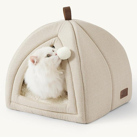 Bedsure 2in1 Cat Beds for Indoor Cats Cave for Kitten with Washable Pillow | 16in, Cat House for Small Pet, Covered Cat Tent, Foldable Hideaway, Fluffy Ball, Anti Slip Bottom, Removable Cushioned ,Beige by Unknown