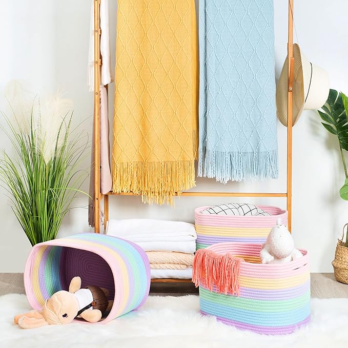 MINTWOOD Design 3-Pack Storage Baskets and Cube Bins for Shelves, Playroom and Classroom, Decorative Woven Closet Organizers for Books, Shoes, and Pantry Items, Pastel Rainbow - Image 5