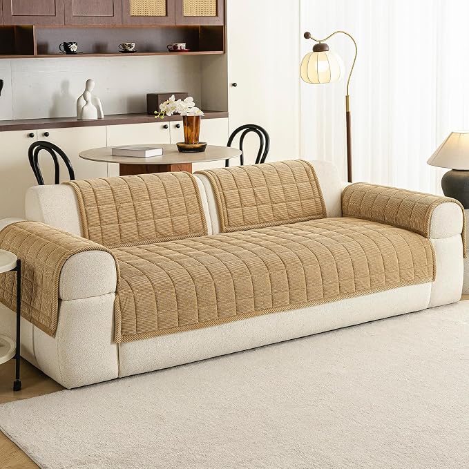 Velvet Couch Covers for Sectional Sofa Washable, Non-Slip L Shaped Sectional Couch Cover, Soft Pet Couch Covers for Sofa, Furniture Slipcovers for 3 Cushion Couch(1PC,35"x94",Light Brown) - Image 2