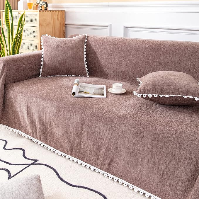 VClife Bohemian Brown Sofa Cover, Washable Pet Couch Covers for 3-4 Cushion Couch Sofa, Breathable Skin-Friendly Home Decor for Living Room Sofa Furniture Protector Futon Cover with Lace 71"X150" - Image 8