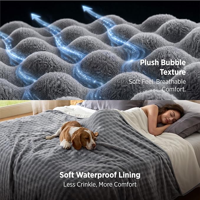 Bedsure Bubble Waterproof Blanket for Bed - Soft Fleece Reversible Dog Blankets for Large Dogs, Waterproof Couch Sofa Cover Bed Protector, Grey/White, King 108x90 inches - Image 6