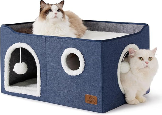 Bedsure Extra Wide Cat House Bed with Fluffy Ball and Scratch Pad,Blue | 23.6x16.9x13 in,Indoor Cat Cave for Multiple Pets, Foldable Cat Hideway Cube for Sleeping Large Cat and Kitten by Unknown
