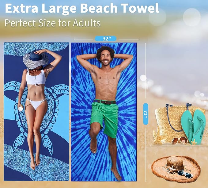 Microfiber Beach Towel Oversized 71x32 Multiple with Bag 4 Pack Bulk | Thin Lightweight Sand Free Absorbent Quick Dry Large for Travel Pool Swim Bath Cruise Sports Camping Essentials Adults Gifts - Image 4