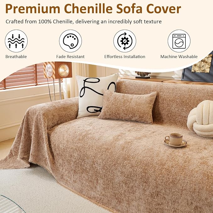 Khaki Luxury Slub Chenille Sofa Cover Couch Cover, XL 71"x134" | for Sectional Sofa, Modern Durable Tan Slipcover for Dogs Pets Large Furniture Protector 3 Cushiond Sofa Cover - Image 3
