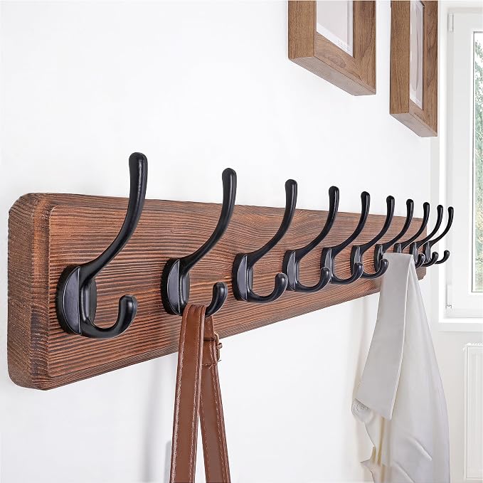 SKOLOO Farmhouse Style Wall Mounted Coat Rack, 38.6'' Pine Solid Wood Coat Hook Hanger - 10 Hooks for Hanging Clothes Robes Towels Coats - Image 3
