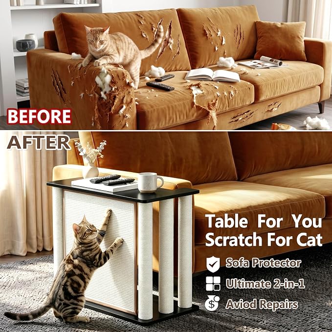 Couch End Table from Cat Scratch, Couch Protector with Sisal Scratching Post & Panel for Cat, Pet Corner for Wall & Furniture Protection, Black Left - Image 7