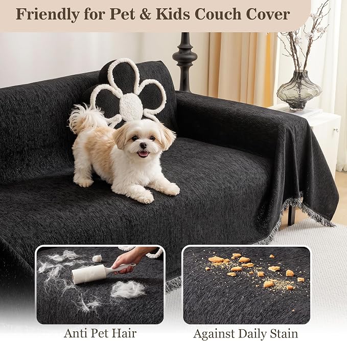 MEETSKY Washable Sofa Cover Black Sectional Couch Covers for 2 Cushion Couch Sofa Thick Universal Chenille Sofa Covers with Tassel Furniture Protector for Dogs, 71"x 102" - Image 2