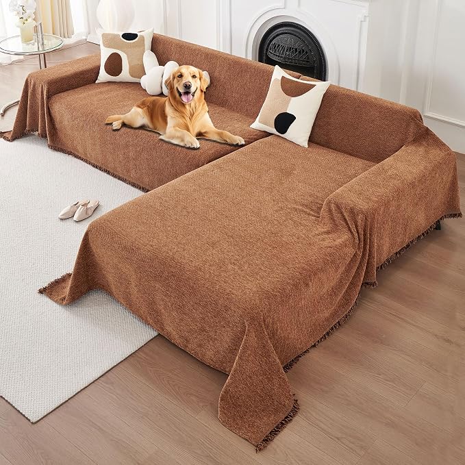 HAOMAIJIA Sectional Couch Covers L Shape 2 Pieces Washable L Shaped Couch Covers for Sectional Sofa Non Slip Couch Cover Blanket for Dogs Pet Friendly Furniture Protector (Brown, 71"x102" + 71"x118") by HAOMAIJIA