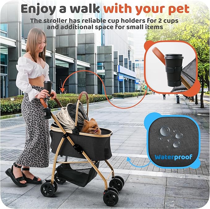 Pet Stroller for Small Medium Dogs & Cats – 2-in-1 Detachable Carrier, Zipperless Entry, Lightweight Folding Travel Stroller with Storage Basket, Cup Holder, Black&Beige