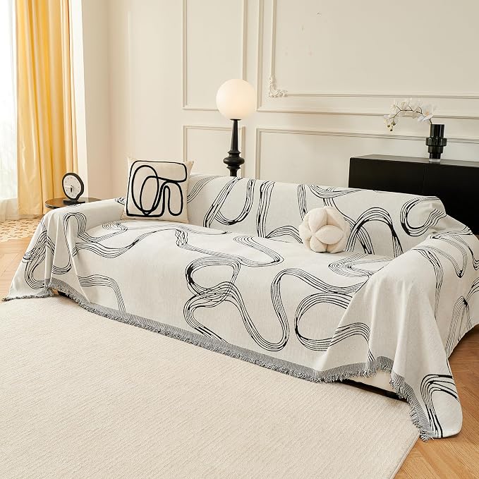 MEETSKY Boho Couch Cover Sofa Covers, Chenille Black Line Couch Covers for 2 Cushion Couch Sofa for Dogs, Washable Slipcover for Cat Sofa Protector with Tassels,71" x 118" - Image 2